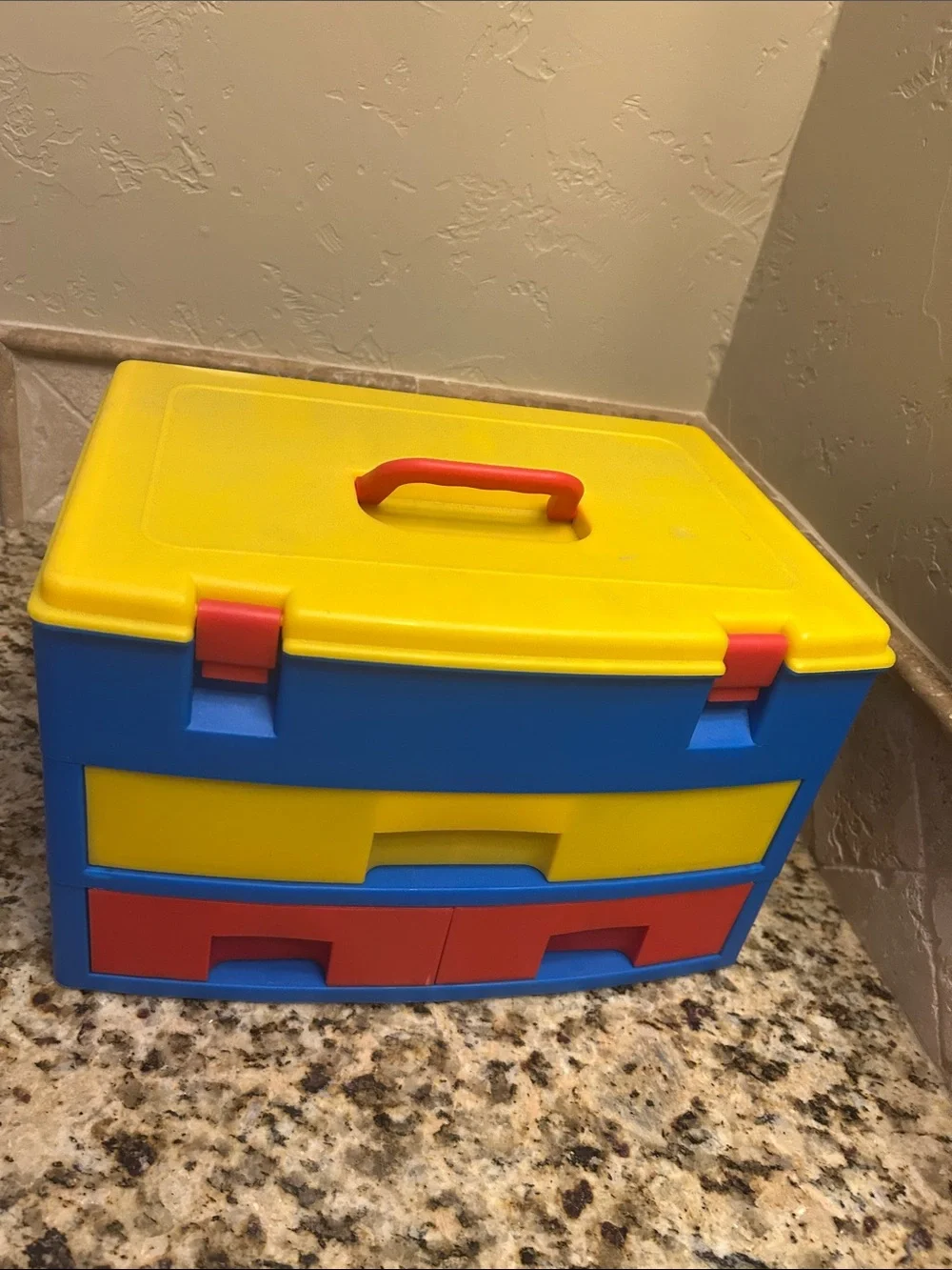 Kids Multi-Color Plastic Toy Storage Box with Drawers - Yellow/Blue/Red & Handle